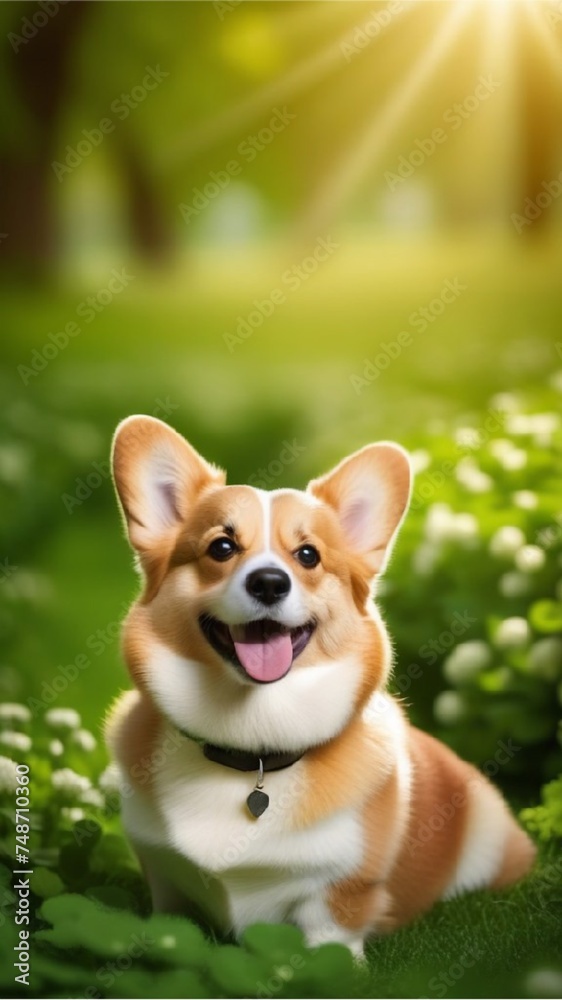 Adorable Corgi sitting in a sunny meadow of clovers, perfect for Saint Patrick's Day, summer season, and springtime.