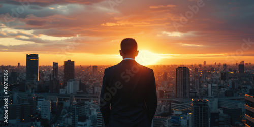 A man in a suit stands on a rooftop looking out over a city at a sunset
