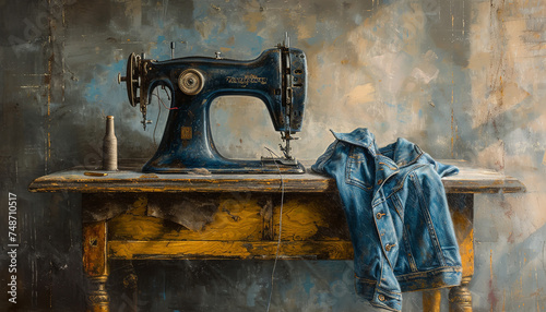 A sewing machine next to a stack of denim fabric - ready for tailoring or repair - showcasing the DIY aspect of jean customization © Davivd