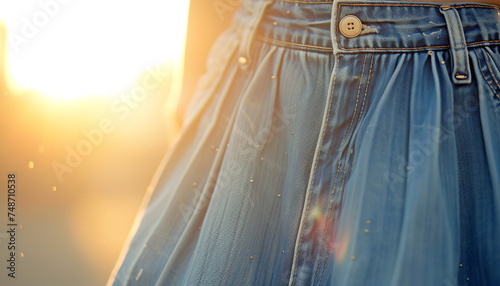 A denim skirt displayed on a mannequin - featuring front pockets and buttons - offering a feminine twist to the classic material