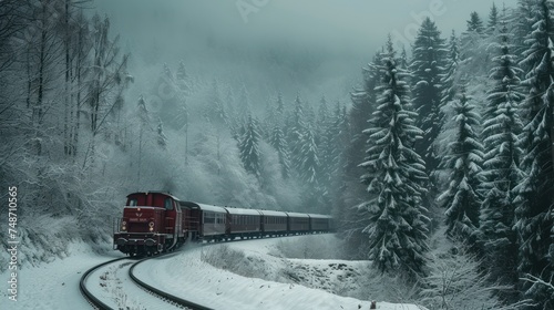 a red train traveling through a forest filled with trees covered in snow on a snowy day with a dusting of snow on the ground.