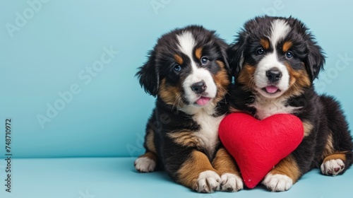 Two Bernese Mountain Dog puppies holding stuffed red heart shapes with the paws, isolated on blue pastel background, copy space 