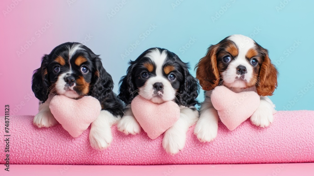 Three Cavalier King Charles Spaniel puppies holding stuffed heart shape with the paws , isolated on pastel background, copy space, Three Cavalier King Charles Spaniel puppies holding stuffed heart shape with the paws , isolated on pastel background, copy space,