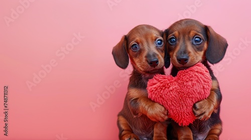 Two Playful Dachshund Puppies Sharing a Red Heart-Shaped Pillow on a Pink Background,  copy space © Azlan Art 