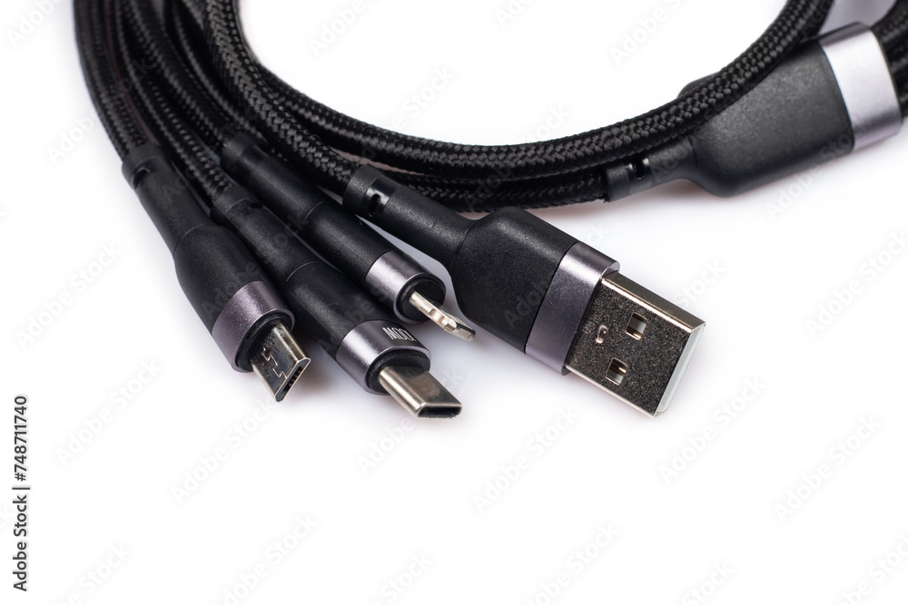 Different USB charging plugs isolated on white background. USB Type C, Micro USB Different USB charging plugs isolated on white background. USB Type C, Micro USB