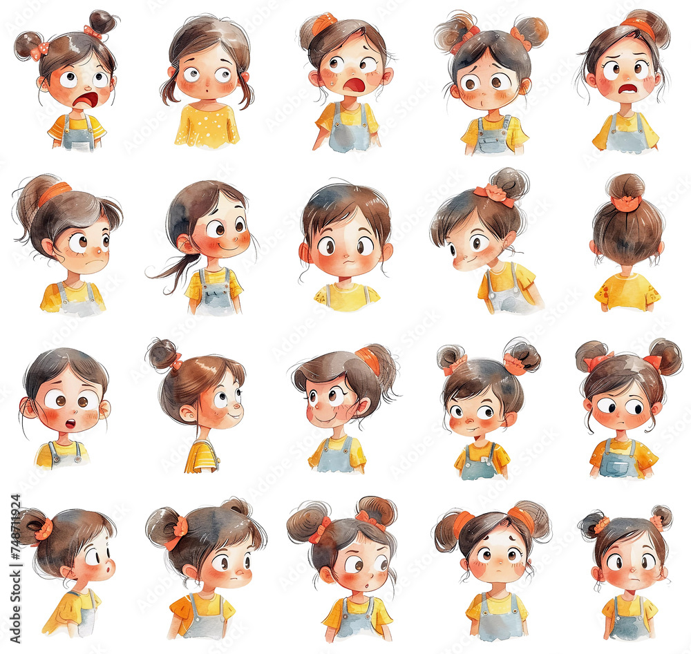 Collection of face expressions of cute little cartoon girl. Set of different emotions of kid Collection of face expressions of cute little cartoon girl. Set of different emotions of kid