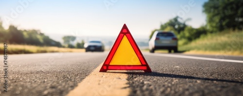 Red warning triangle is on road while good weather, car accident, banner. Generative Ai.