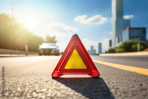 Red warning triangle is on road while good weather, car accident. Generative Ai.