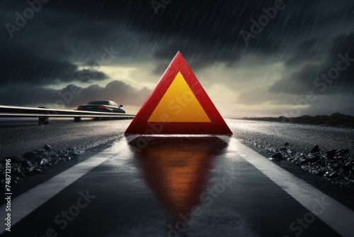 Red warning triangle is on wet road while bad weather car accident Generative Ai