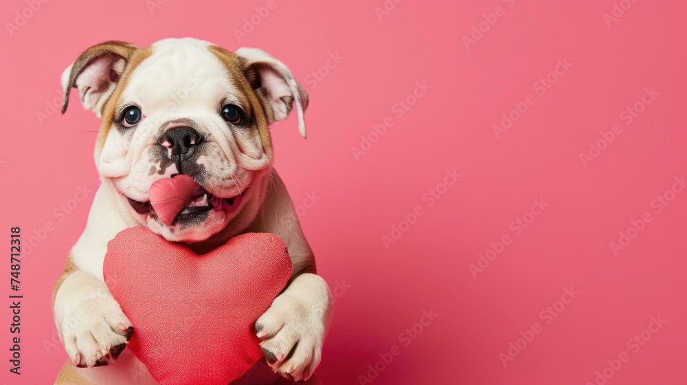 Charming bulldog puppy holding a red heart-shaped pillow with his paws, perfect for Valentine's Day greetings or pet-themed designs, isolated pink background, copy space text, 