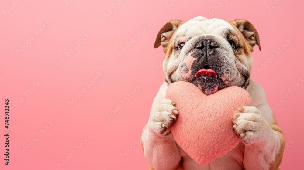 Charming adult bulldog holding a pink heart-shaped pillow with his paws, perfect for Valentine's Day greetings or pet-themed designs, isolated pink background, copy space text, 