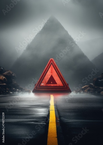 Red warning triangle is on wet road while bad weather car accident Generative Ai