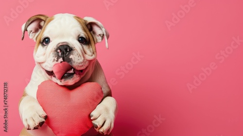 Charming bulldog puppy holding a red heart-shaped pillow with his paws, perfect for Valentine's Day greetings or pet-themed designs, isolated pink background, copy space text, 