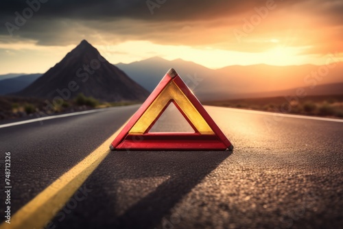 Red warning triangle is on wet road while bad weather car accident Generative Ai