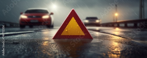 Red warning triangle is on wet road while bad weather, car accident, banner. Generative Ai.