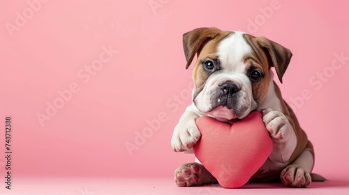 Adorable bulldog puppy playfully holding a pink heart-shaped chew toy, perfect for Valentine's Day cards or pet product marketing © Azlan Art 