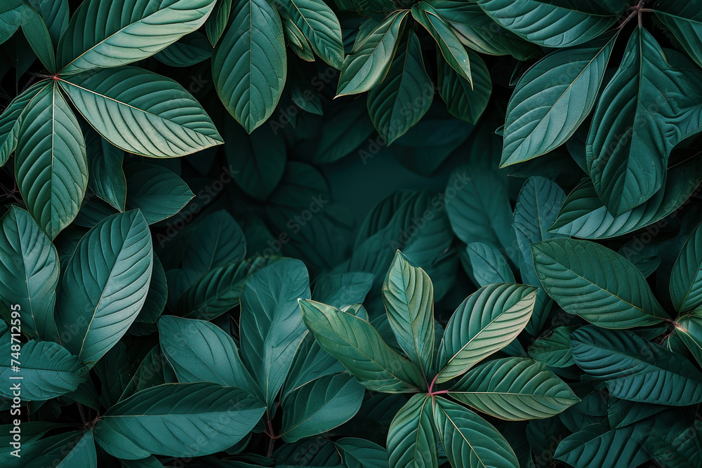 Lush Green Leaves Blanketing a Dark Background, Providing a Tranquil Spot for Text Placement