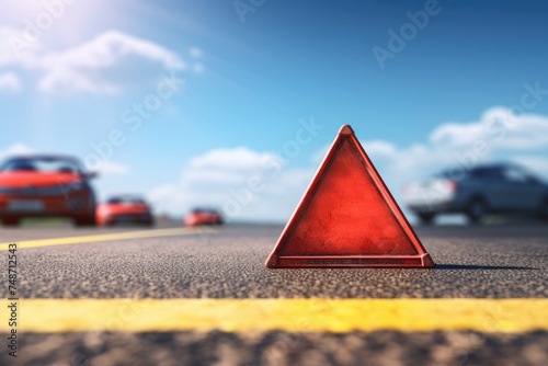 Red warning triangle is on road while good weather, car accident. Generative Ai.