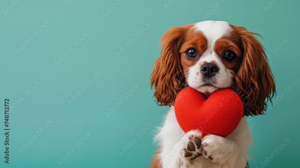 Adorable Cavalier King Charles Spaniel Puppy Holding Pink Heart Plush Toy - Isolated Background copy space Adorable Cavalier King Charles Spaniel Puppy Holding Pink Heart Plush Toy - Isolated Background copy space