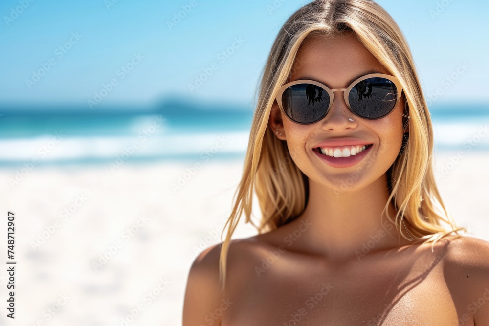 A woman with blonde hair and sunglasses is smiling at the camera A woman with blonde hair and sunglasses is smiling at the camera
