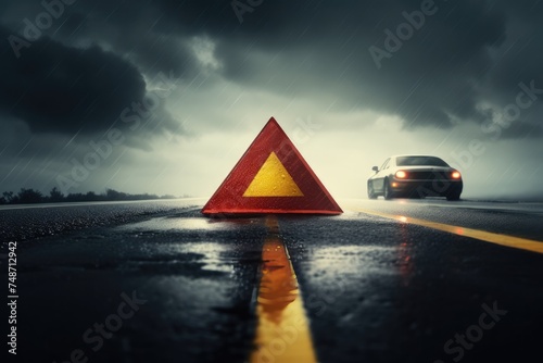 Red warning triangle is on wet road while bad weather, car accident. Generative Ai.