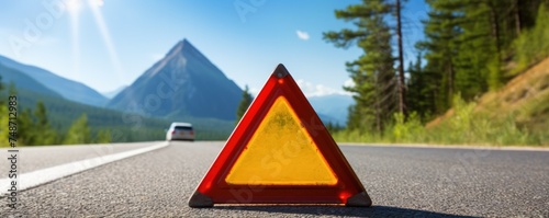 Red warning triangle is on road while good weather, car accident, banner. Generative Ai.