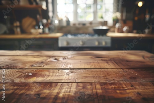 Wooden tabletop over defocused kitchen background 
