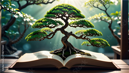 A bonsai tree flourishing within the pages of an open novel, embodying the beauty of literature and imagination