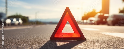 Red warning triangle is on road while good weather, car accident, banner. Generative Ai. © annamaria