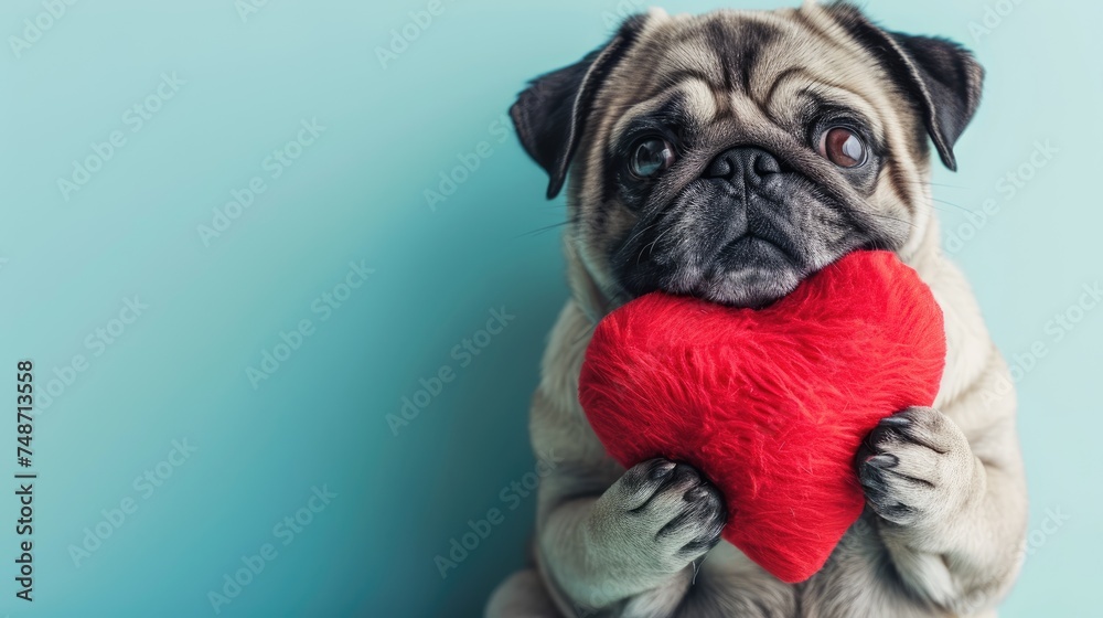 Adorable Pug Dog Puppy Holding Red Heart with the paws , Sending Valentine's Day Love, Valentine's Day greetings, pet photo, isolated sky blue background, copy space, 