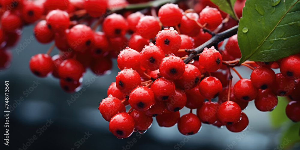 A bunch of red berries are hanging from a tree A bunch of red berries are hanging from a tree