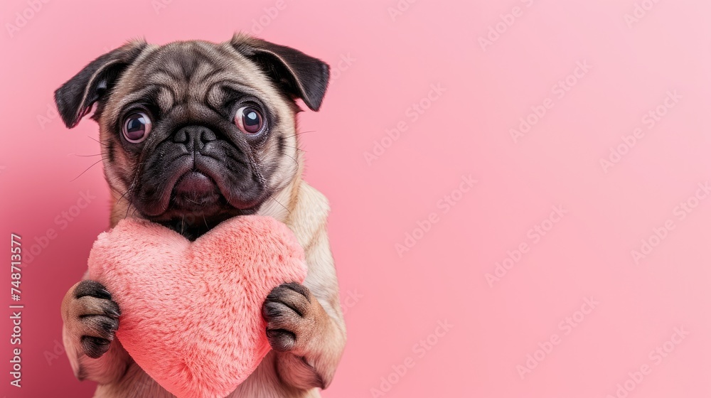 Adorable Pug Dog Puppy Holding pink Heart with the paws , Sending Valentine's Day Love, Valentine's Day greetings, pet photo, isolated pink background, copy space, 