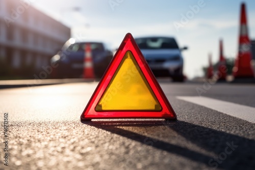 Red warning triangle is on road while good weather, car accident. Generative Ai.