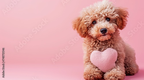 Adorable Poodle Puppy Dog Holding Plush pink Heart with the paws ,Valentine's Day greetings, studio pet portrait , animal illustrations, isolated background, copy space,  © Azlan Art 