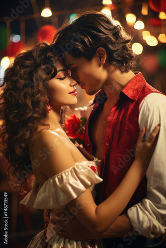 A man and a woman are hugging each other in a red vest