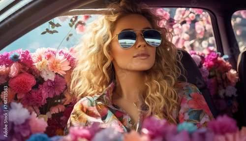 Woman in sunglasses in car full of flowers ,spring concept
