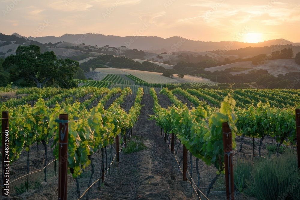 Vineyard at sunset, with rows of grapevines stretching to the horizon, bathed in the warm glow of the evening sun. 