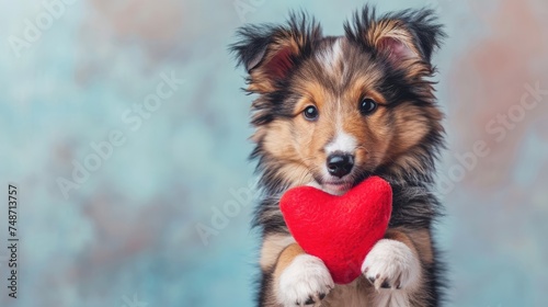 Adorable Shetland Sheepdog Puppy Holding Red Plush Heart with the paws , isolated background, Valentine's Day greetings, pet photos, animal illustrations, copy space,