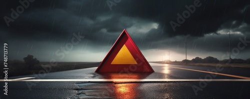 Red warning triangle is on wet road while bad weather, car accident, banner. Generative Ai.