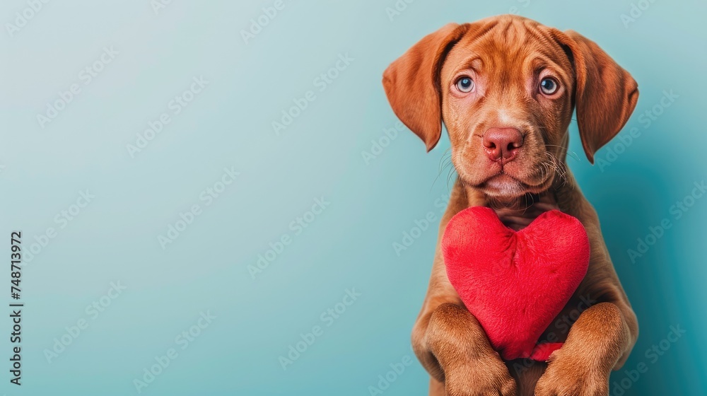 Playful Vizsla Puppy Holding Red Plush Heart: Valentine's Day Puppy Love, isolated background, Valentine's Day greetings, pet photos, animal illustrations, copy space,