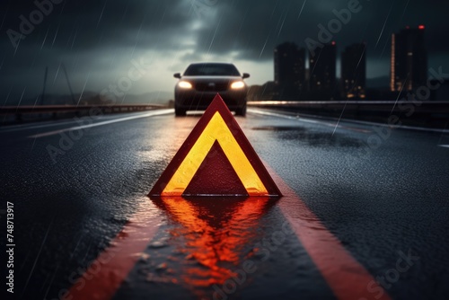 Red warning triangle is on wet road while bad weather, car accident. Generative Ai.