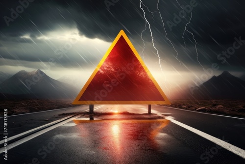 Red warning triangle is on wet road while bad weather, car accident. Generative Ai. photo