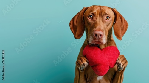 Playful Vizsla Puppy Holding Red Plush Heart: Valentine's Day Puppy Love, isolated background, Valentine's Day greetings, pet photos, animal illustrations, copy space,