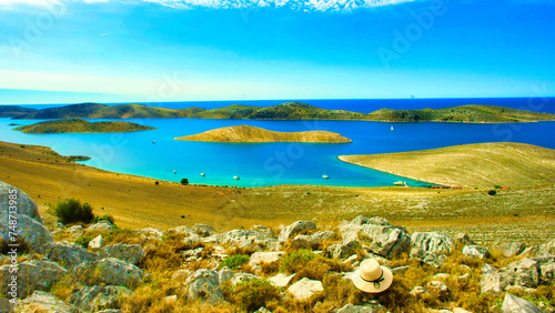 Scenic landscape of the many small islands of Rogoznica Croatia. A view you'll see from Kornati National Park peak. photo