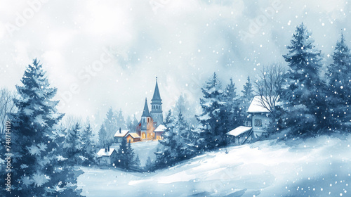 A winter scene with a small village and a church
