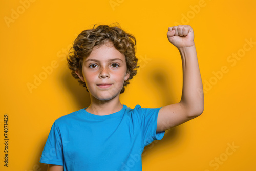 A young boy in a blue shirt is holding his arm up in the air