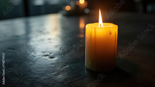 A candle is lit on a table