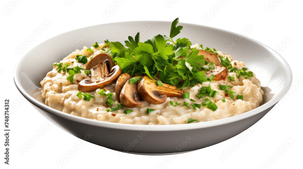 Creamy Mushroom Risotto Delight on white background Creamy Mushroom Risotto Delight on white background