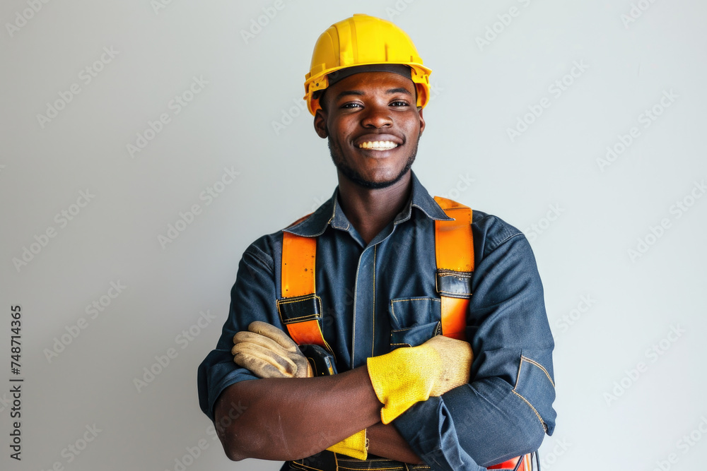 A man in a yellow helmet and orange vest is smiling A man in a yellow helmet and orange vest is smiling