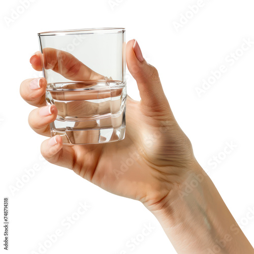 Close-up of a woman's hand ,holding a glass of water isolated on transparent png.